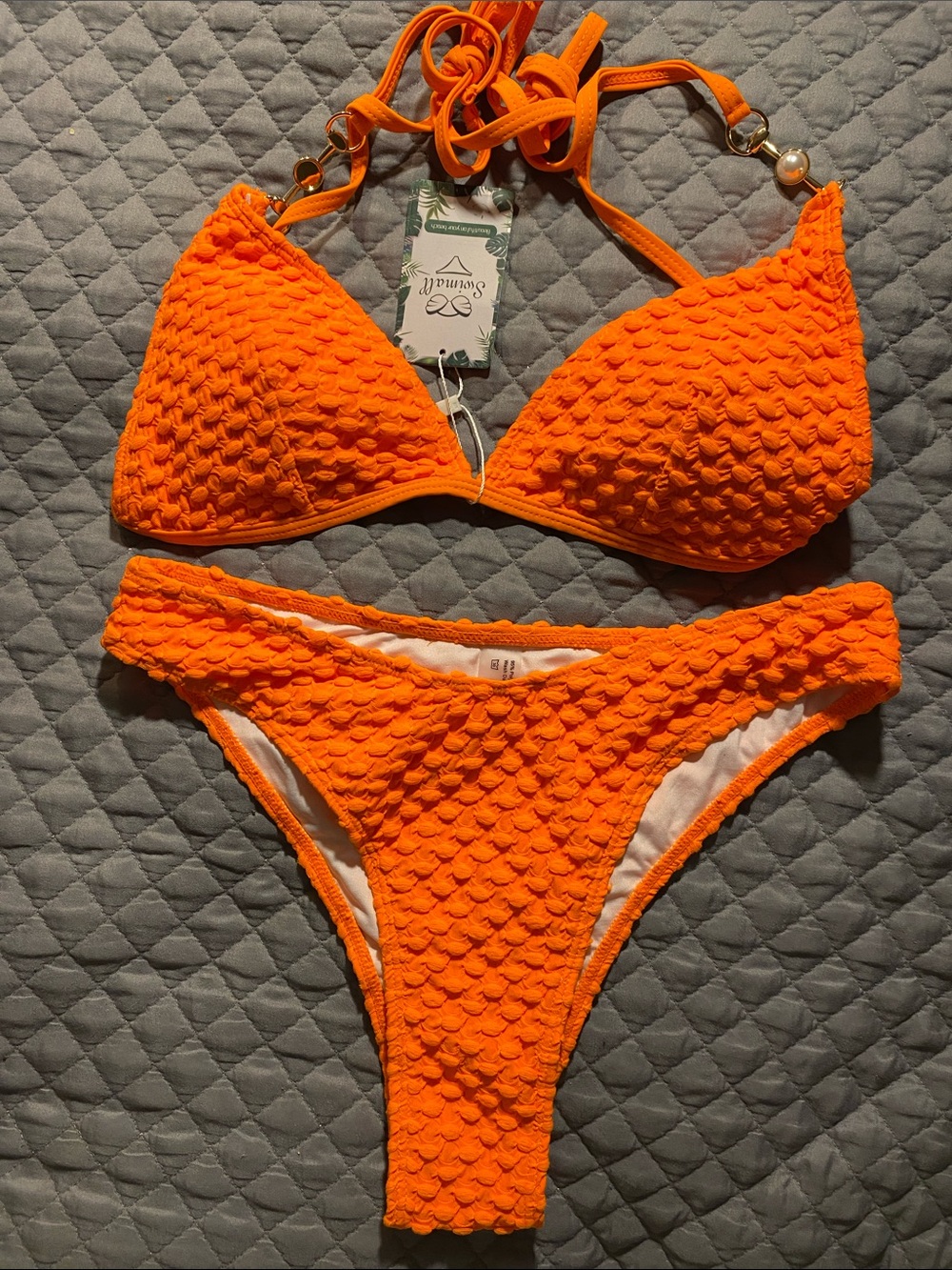 Orange Textured Women's Bikini Set Halter Straps ,color gold pearl hardware